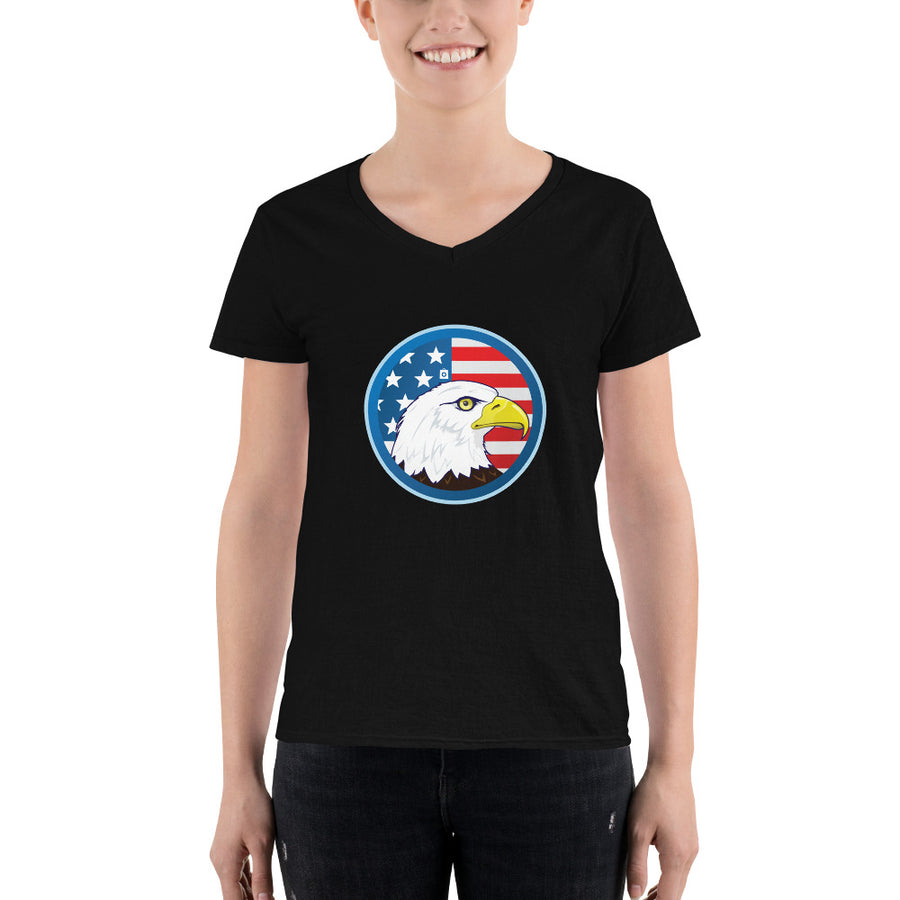Women's V-Neck T-shirt - Eagle- US Flag Backdrop
