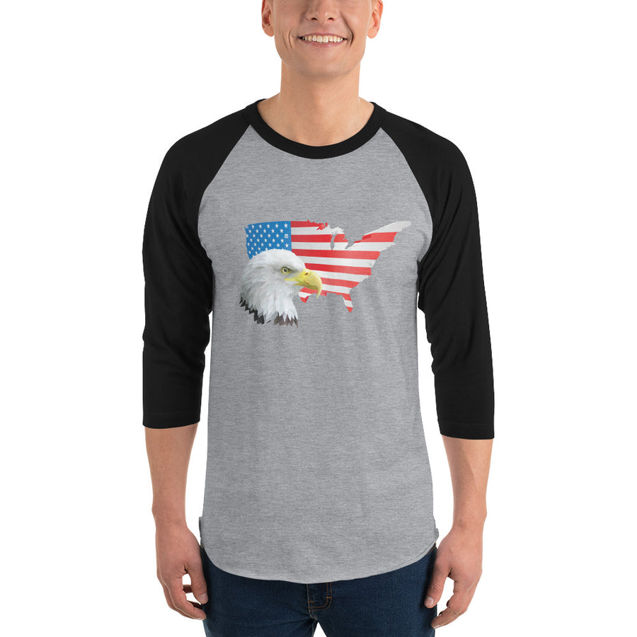 Men's 3/4th Sleeve Raglan T- Shirt - Eagle- USA Map with Flag