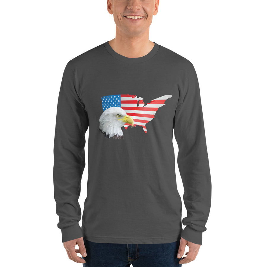 Unisex Long Sleeve T-shirt - Eagle- USA Map with Flag
