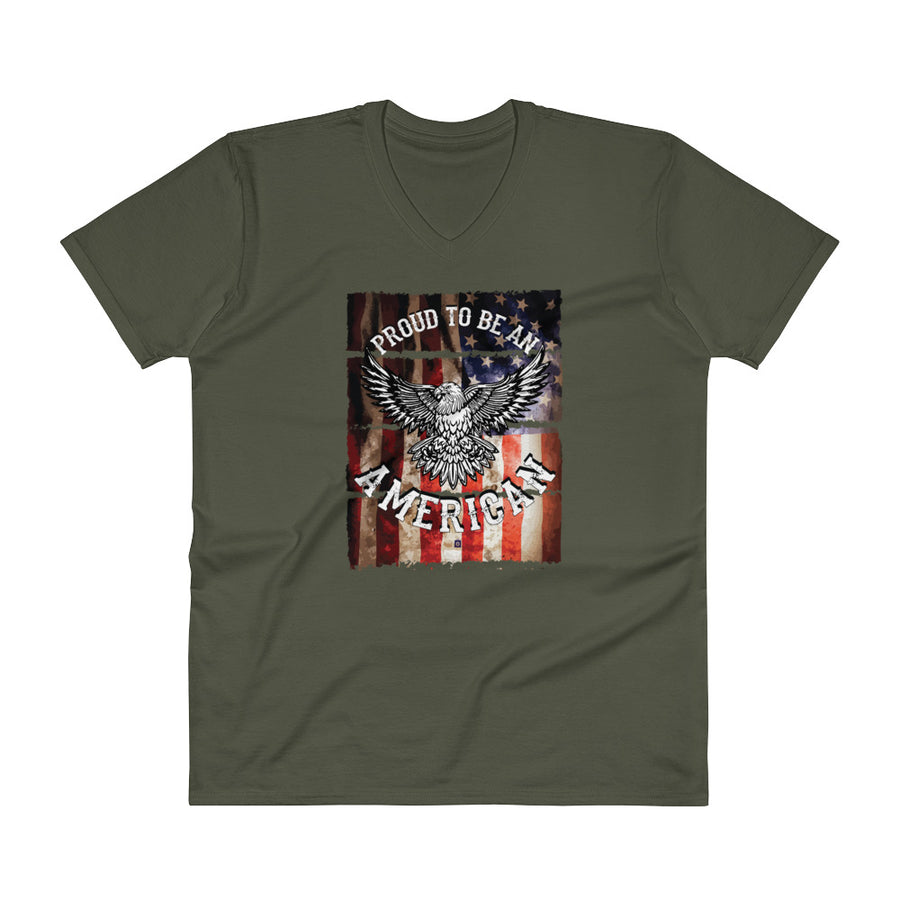 Men's V- Neck T Shirt - Proud to be an American- Eagle & Flag