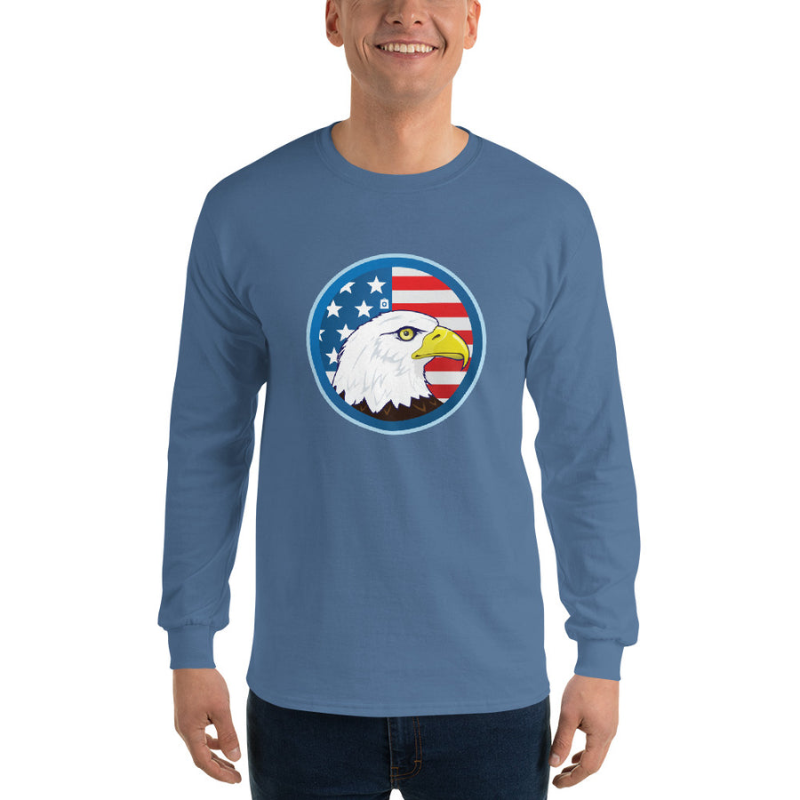 Men's Long Sleeve T-Shirt - Eagle- US Flag Backdrop