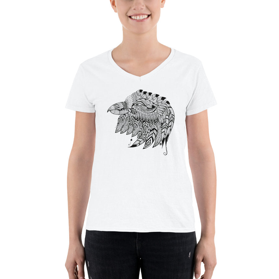 Women's V-Neck T-shirt - Eagle Doodle- Black & White