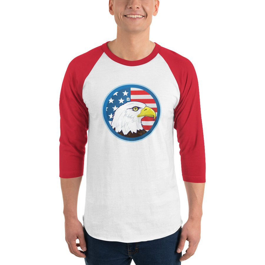 Men's 3/4th Sleeve Raglan T- Shirt - Eagle- US Flag Backdrop