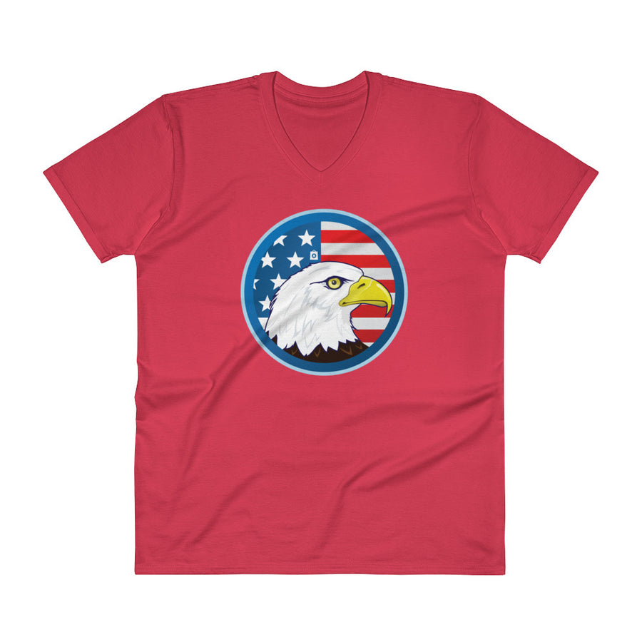Men's V- Neck T Shirt - Eagle- US Flag Backdrop