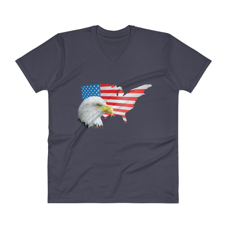 Men's V- Neck T Shirt - Eagle- USA Map with Flag