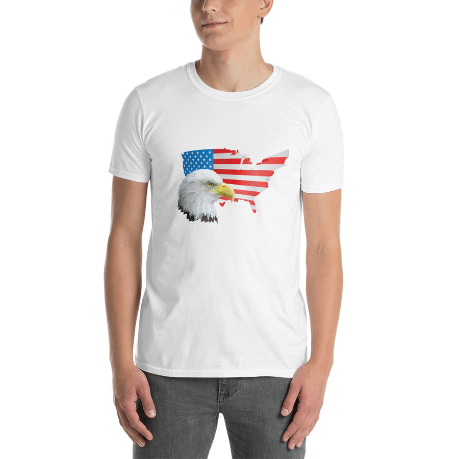 Men's Round Neck T Shirt - Eagle- USA Map with Flag