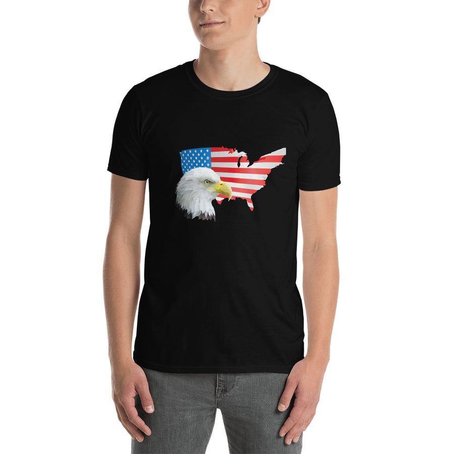 Men's Round Neck T Shirt - Eagle- USA Map with Flag